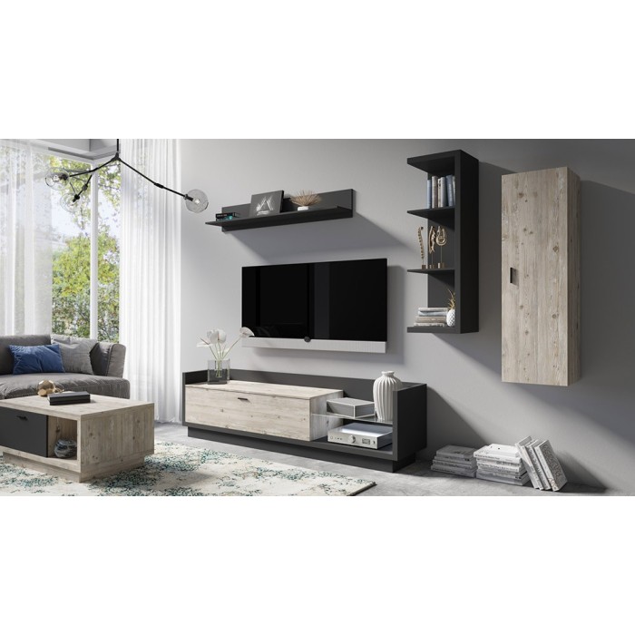 Meuble TV XL 220cm. Collection CORK. Coloris gris anthracite et pin