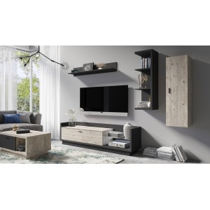 Meuble TV XL 220cm. Collection CORK. Coloris gris anthracite et pin