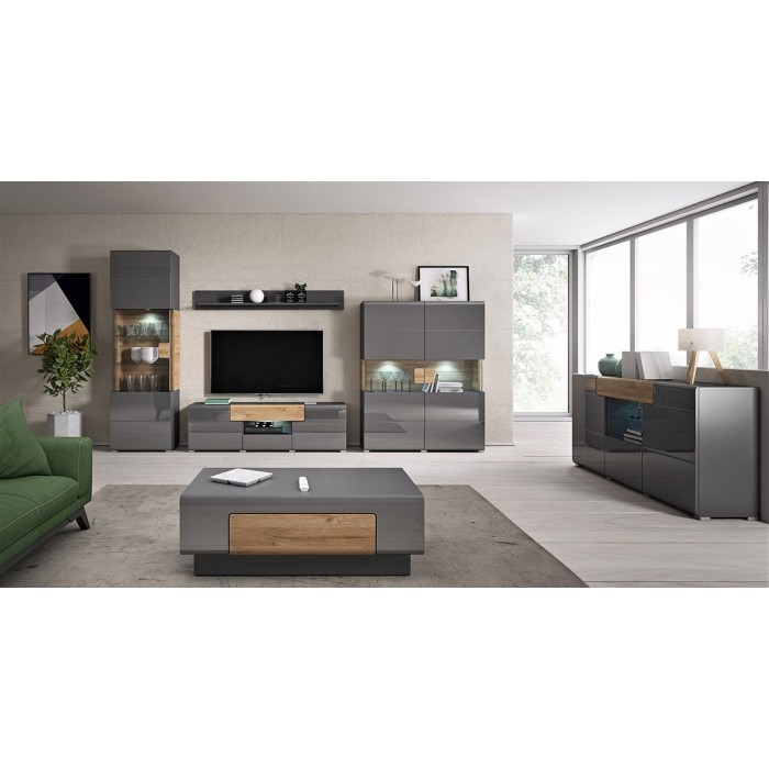 Meuble TV 160cm collection OHIO. Coloris gris anthracite et chêne.