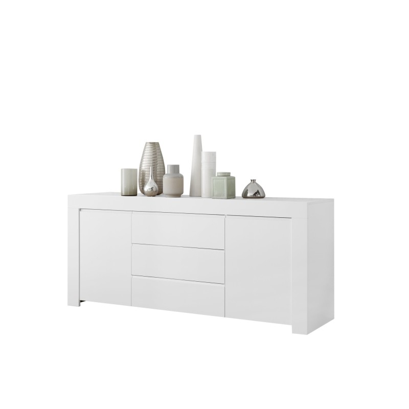 Buffet 2 portes et 3 tiroirs, collection ZEFIR, coloris blanc mat, parfait pour votre salon