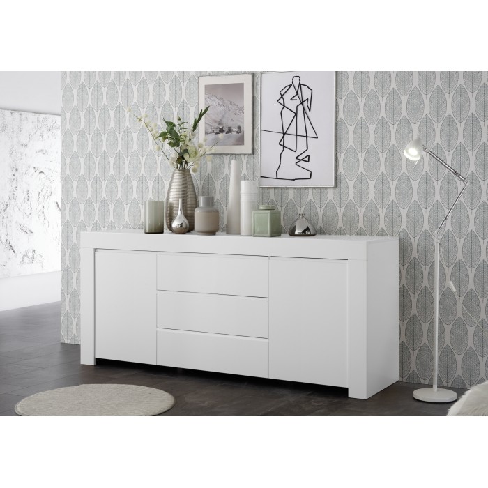 Buffet 2 portes et 3 tiroirs, collection ZEFIR, coloris blanc mat, parfait pour votre salon