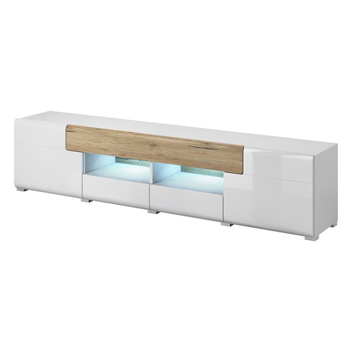 Meuble TV 210cm collection OHIO. Coloris blanc et finitions chêne
