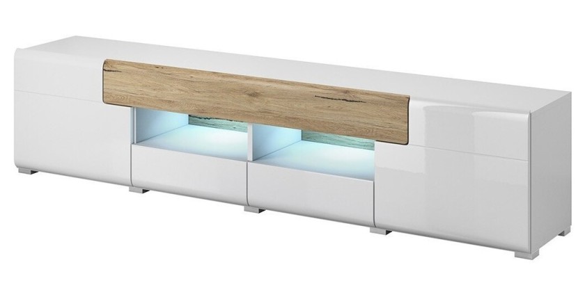 Meuble TV 210cm collection OHIO. Coloris blanc et finitions chêne