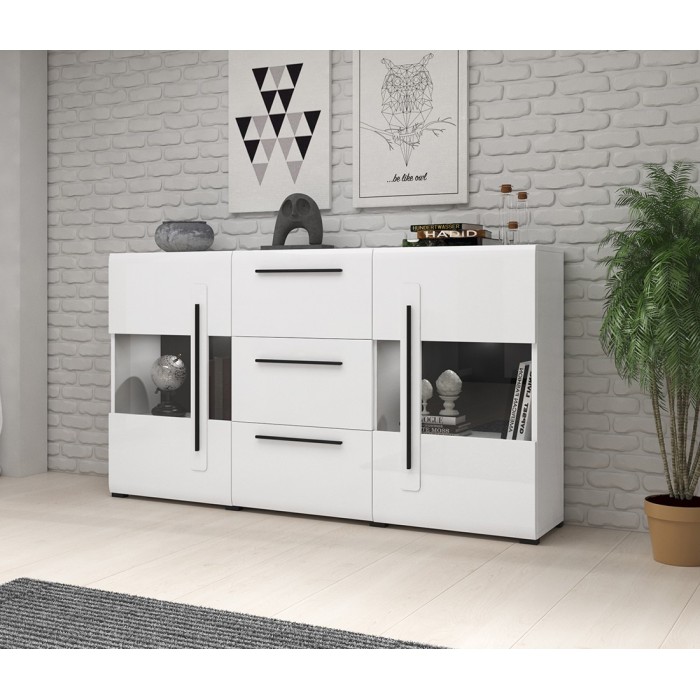 Buffet 180cm collection BREDA deux portes partiellement vitrées et trois tiroirs. Coloris blanc