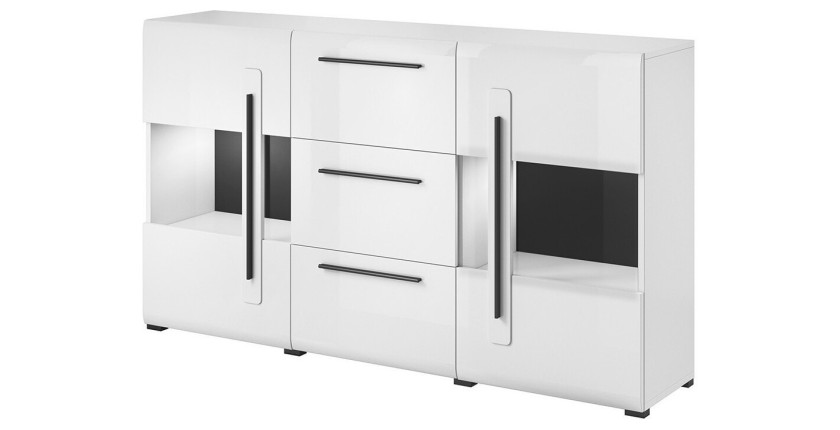 Buffet 180cm collection BREDA deux portes partiellement vitrées et trois tiroirs. Coloris blanc