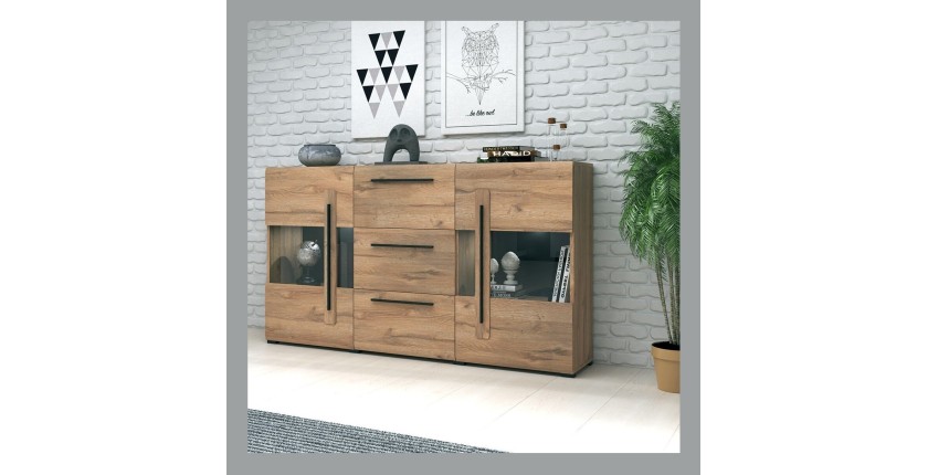 Buffet 180cm collection BREDA deux portes partiellement vitrées et trois tiroirs. Coloris Chêne