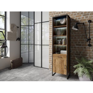 Vitrine style industriel, 1 porte et 1 tiroir collection ANAFI. Couleur épicéa et noir