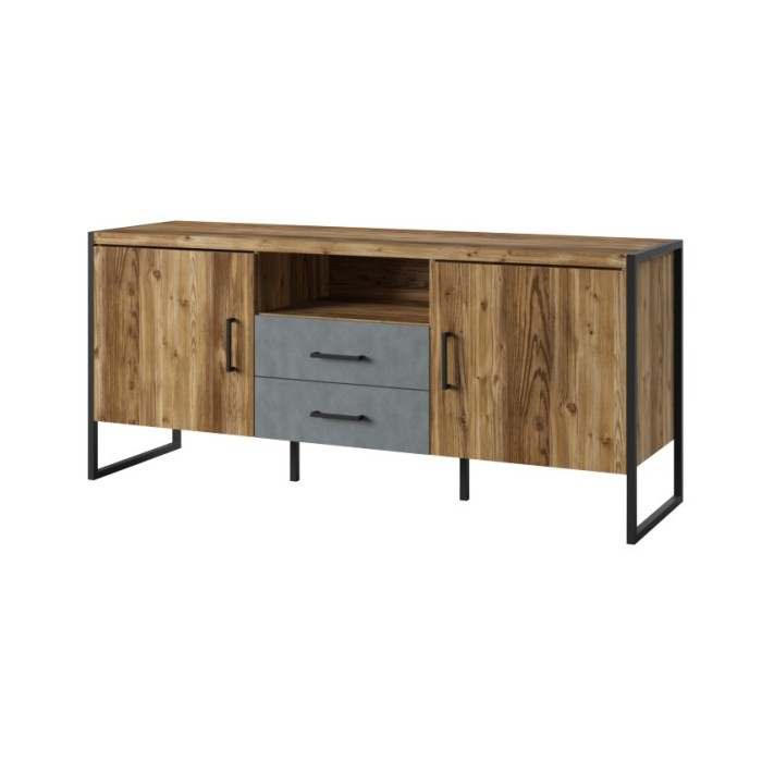Meuble TV 150cm style industriel. Collection ZOLA. Coloris épicéa et gris. 2 Portes et 2 tiroirs