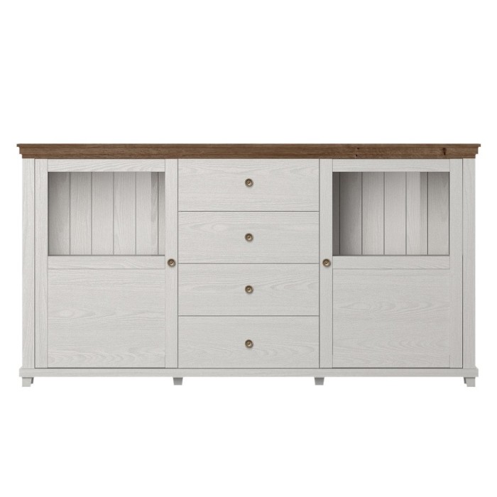 Buffet 180cm collection ASSIA. Coloris frêne blanc et chêne. 2 portes et 4 tiroirs