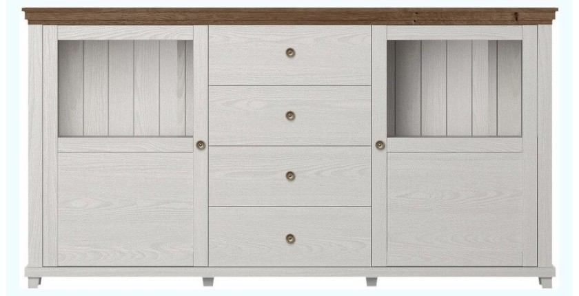 Buffet 180cm collection ASSIA. Coloris frêne blanc et chêne. 2 portes et 4 tiroirs