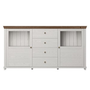 Buffet 180cm collection ASSIA. Coloris frêne blanc et chêne. 2 portes et 4 tiroirs