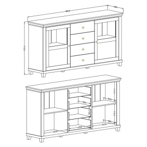 Buffet 180cm collection ASSIA. Coloris frêne blanc et chêne. 2 portes et 4 tiroirs
