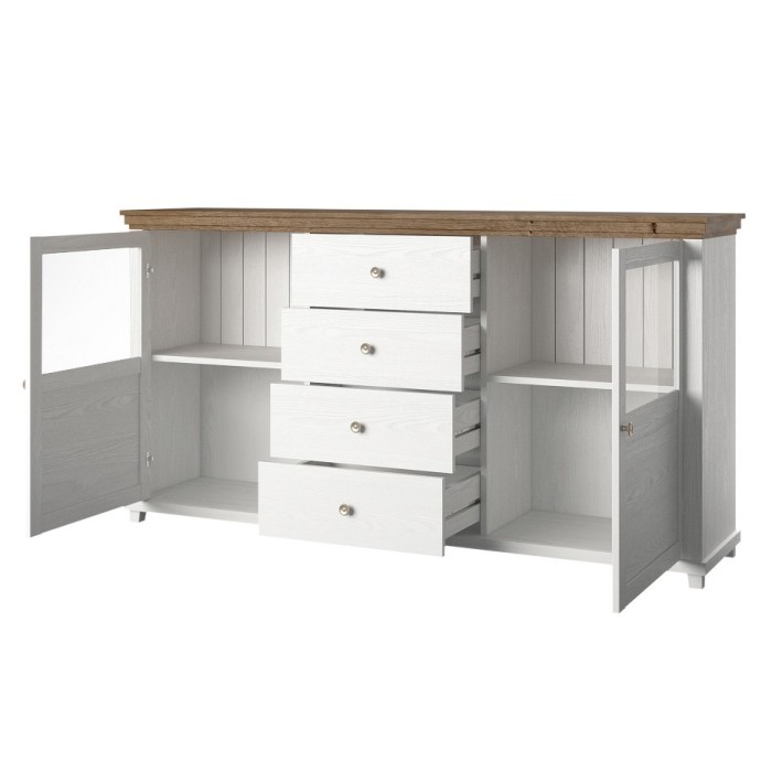Buffet 180cm collection ASSIA. Coloris frêne blanc et chêne. 2 portes et 4 tiroirs