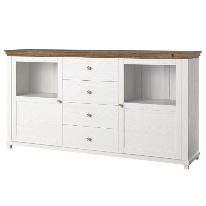 Buffet 180cm collection ASSIA. Coloris frêne blanc et chêne. 2 portes et 4 tiroirs