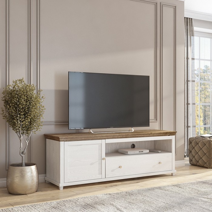 Meuble TV 180cm. Collection ASSIA. Coloris frêne blanc et chêne. 1 Porte et 1 tiroir