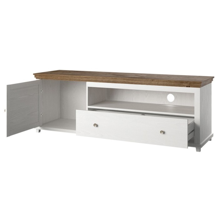 Meuble TV 180cm. Collection ASSIA. Coloris frêne blanc et chêne. 1 Porte et 1 tiroir