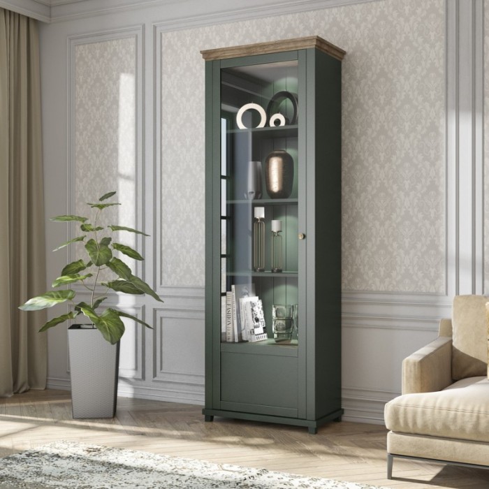 Vitrine 1 porte collection ASSIA. Coloris vert et chêne. Ouverture gauche