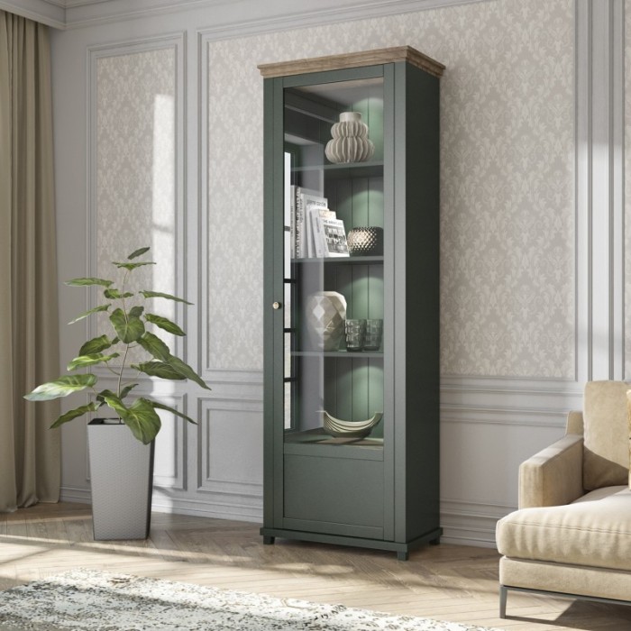 Vitrine 1 porte collection ASSIA. Coloris vert et chêne. Ouverture droite