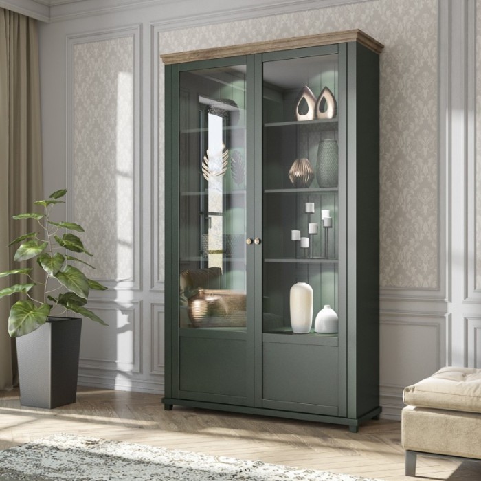 Vitrine large 2 portes collection ASSIA. Couleur vert et chêne