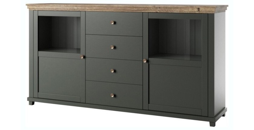 Buffet 180cm collection ASSIA. Coloris vert et chêne. 2 portes et 4 tiroirs
