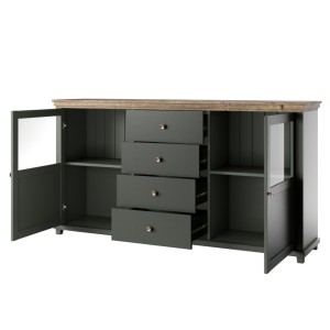 Buffet 180cm collection ASSIA. Coloris vert et chêne. 2 portes et 4 tiroirs