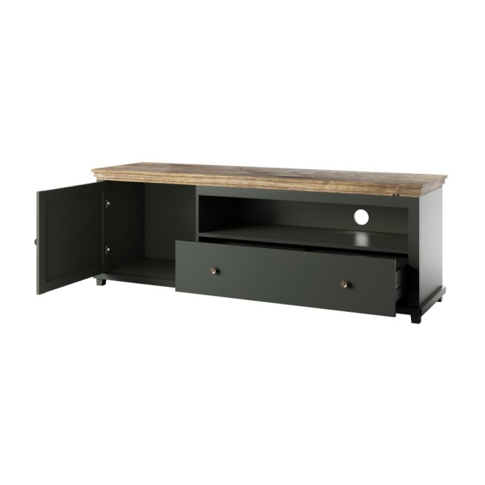 Meuble TV 180cm. Collection ASSIA. Coloris vert et chêne. 1 Porte et 1 tiroir