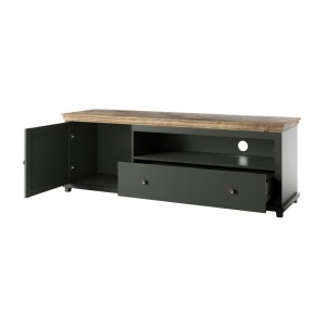 Meuble TV 180cm. Collection ASSIA. Coloris vert et chêne. 1 Porte et 1 tiroir