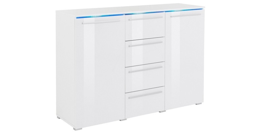 Buffet design RIO, 2 portes et 4 tiroirs. Coloris blanc brillant