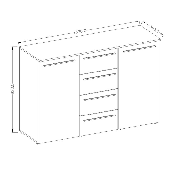 Buffet design RIO, 2 portes et 4 tiroirs. Coloris blanc brillant