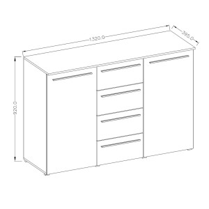 Buffet design RIO, 2 portes et 4 tiroirs. Coloris blanc brillant