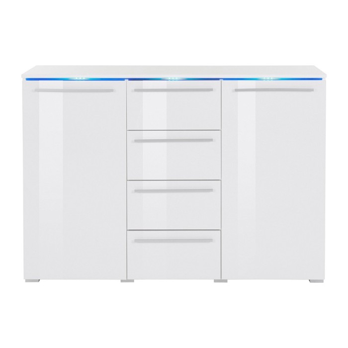 Buffet design RIO, 2 portes et 4 tiroirs. Coloris blanc brillant