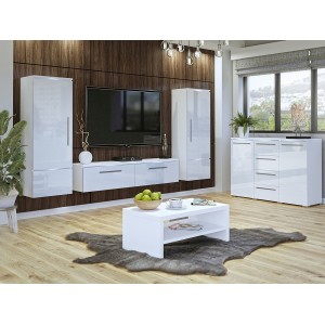 Meuble TV 160cm Collection RIO. 1 porte abattante, coloris blanc brillant. Style design