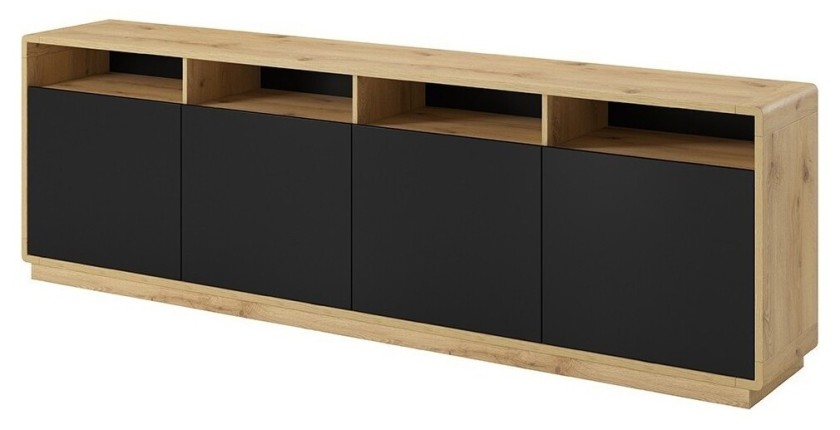 Buffet XL 240cm collection VILLA. Couleur chêne et noir. 4 portes et 4 niches