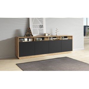 Buffet XL 240cm collection VILLA. Couleur chêne et noir. 4 portes et 4 niches