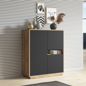 Buffet haut collection VILLA. Couleur chêne et noir. 3 portes et 1 niche