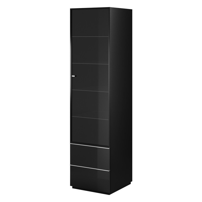 Vitrine haute, 1 porte vitrée et 2 tiroirs collection ZANTE. Coloris noir brillant pailleté