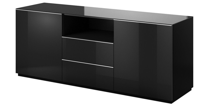 Buffet 180cm 2 portes et 2 tiroirs collection ZANTE. Coloris noir brillant pailleté