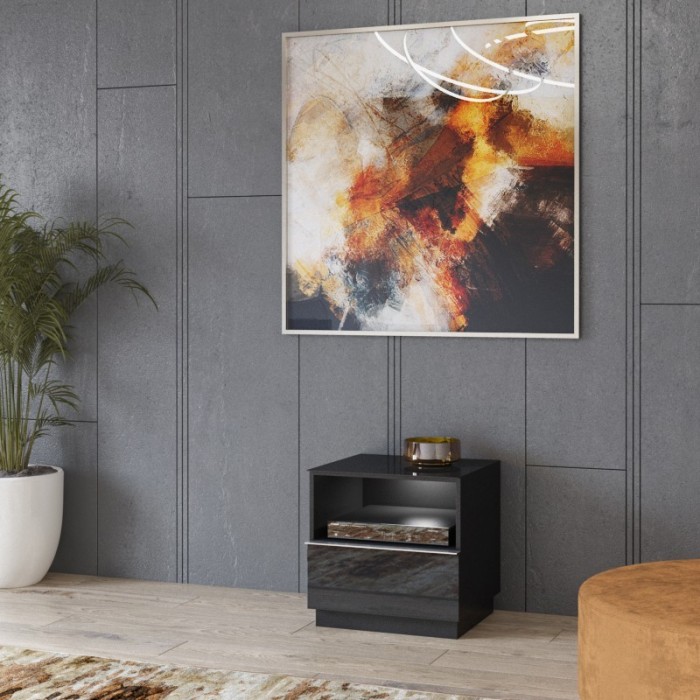 Petit Meuble TV ou meuble d'appoint 50cm collection ZANTE avec 1 tiroir et une niche. Couleur noir brillant pailleté