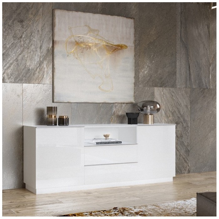 Buffet 180cm 2 portes et 2 tiroirs collection ZANTE. Coloris blanc brillant.