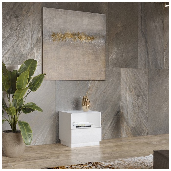 Petit Meuble TV ou meuble d'appoint 50cm collection ZANTE avec 1 tiroir et une niche. Couleur blanc brillant
