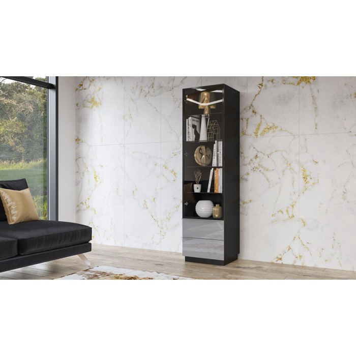 Vitrine haute, 1 porte vitrée et 2 tiroirs collection ZANTE. Coloris noir et gris brillant