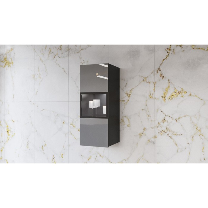 Vitrine suspendue, 1 porte vitrée collection ZANTE. Coloris noir et gris brillant