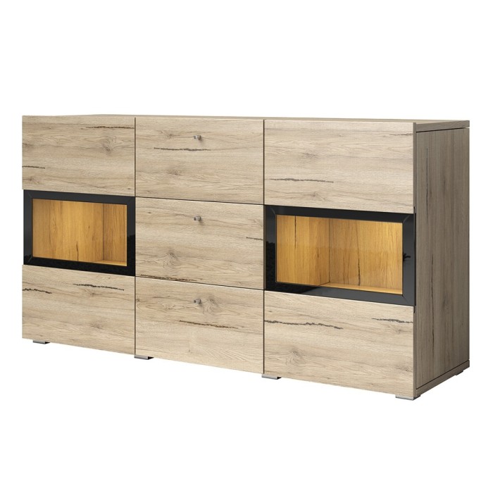 Buffet 2 portes et 3 tiroirs collection RAMOS. Coloris chêne et noir