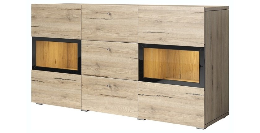 Buffet 2 portes et 3 tiroirs collection RAMOS. Coloris chêne et noir