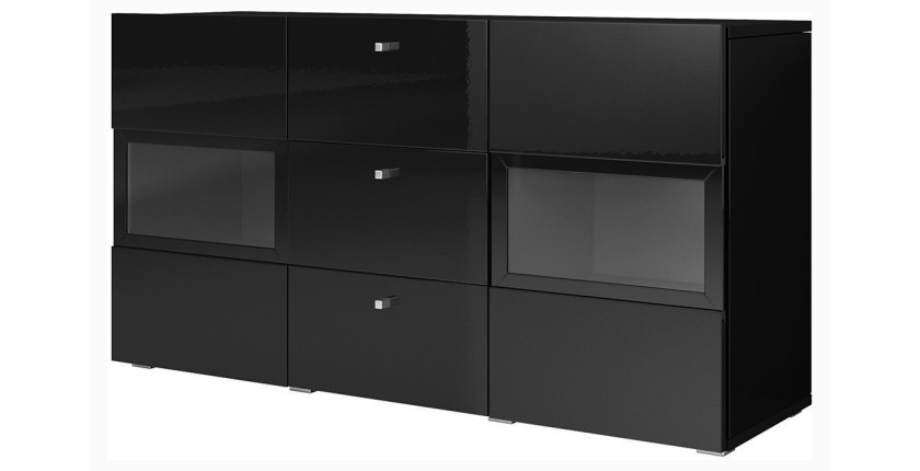 Buffet RAMOS noir brillant 130 cm – 2 portes vitrées et 3 tiroirs – Design moderne sans LED