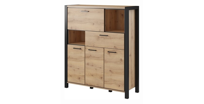 Vaisselier 4 portes et 1 tiroir collection BOWIE. Couleur chêne et noir.