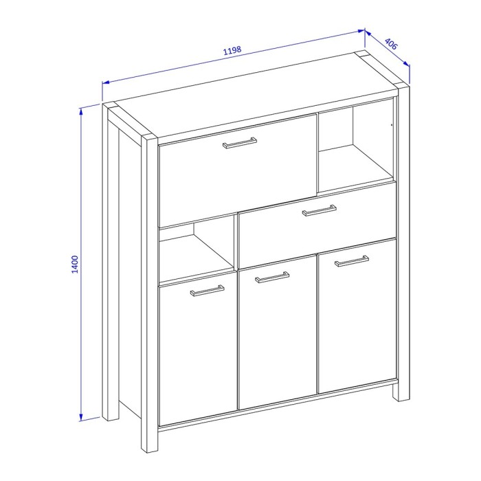 Vaisselier 4 portes et 1 tiroir collection BOWIE. Couleur chêne et noir.