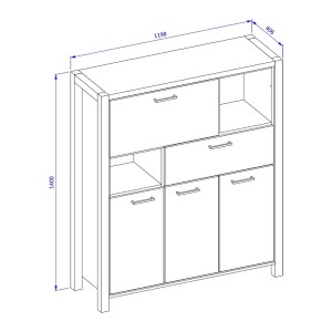 Vaisselier 4 portes et 1 tiroir collection BOWIE. Couleur chêne et noir.