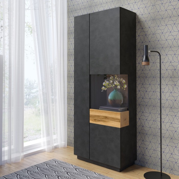 Vitrine collection KILES coloris gris anthracite et chêne. Modèle vitrine à droite