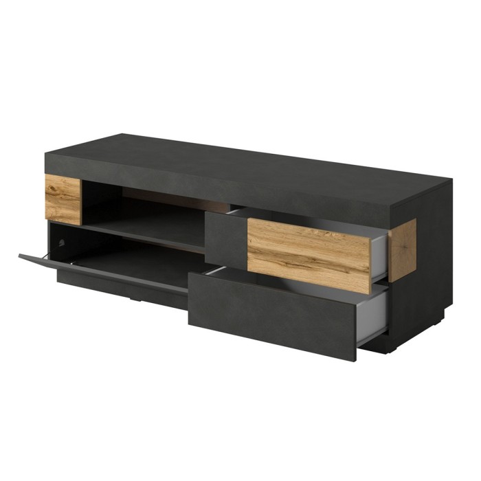 Meuble TV 160cm collection KILES. Coloris gris anthracite et chêne. Style design